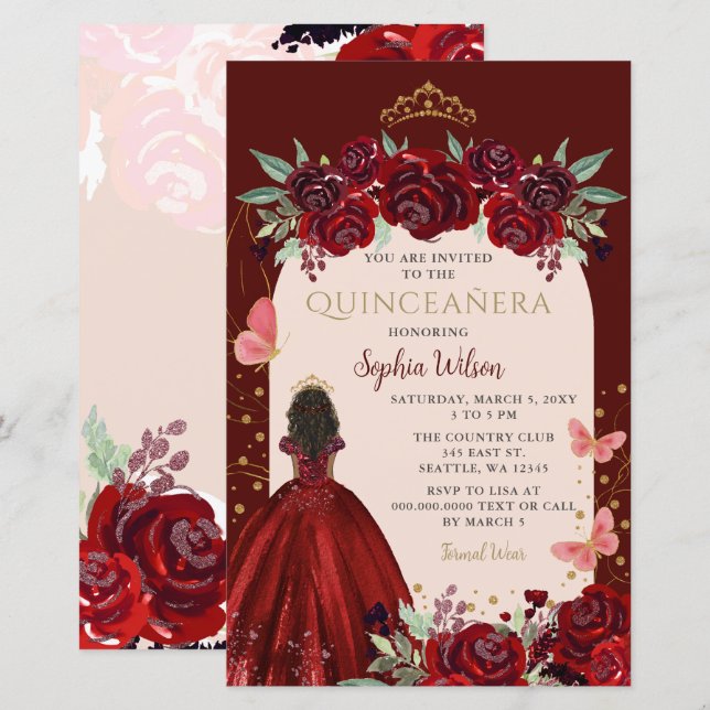 Budget Burgundi Gold Floral Prinzessin Quinceañera (Vorne/Hinten)