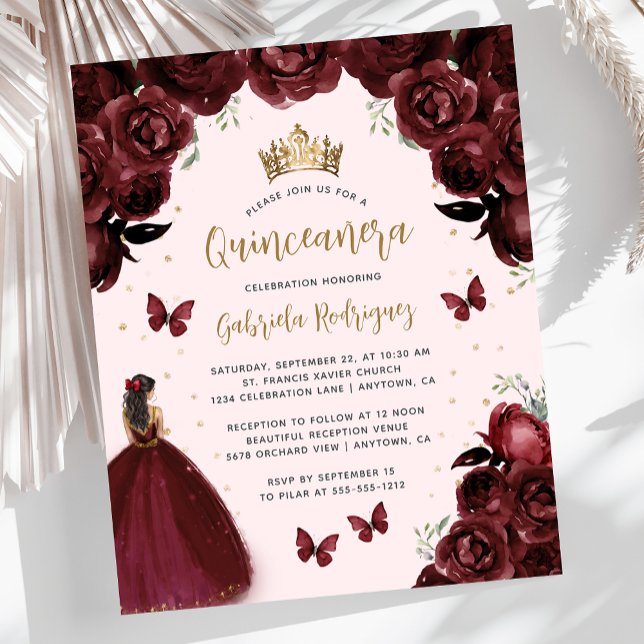 Budget Burgundi Gold Floral Prinzessin Quinceañera (Von Creator hochgeladen)