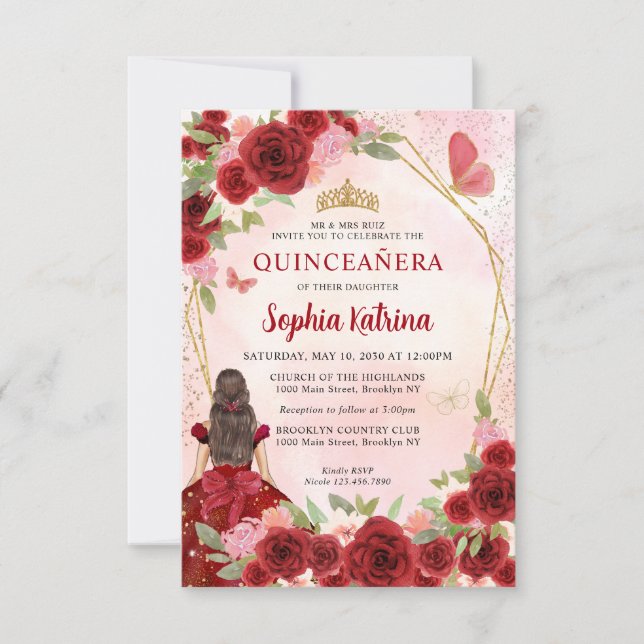 Budget Burgundi Gold Floral Prinzessin Quinceañera Mitteilungskarte (Vorderseite)