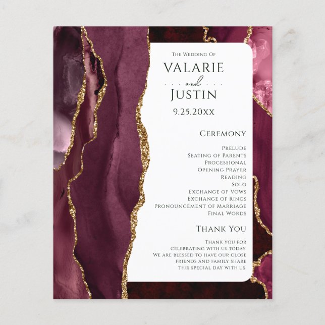 Budget Burgundy Agate Gold Glitzer Wedding Program (Vorderseite)