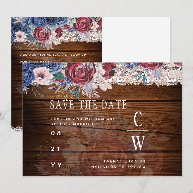 Budget Burgundy Blue Floral Lace Wedding RETT DATE Save The Date (Vorne/Hinten)