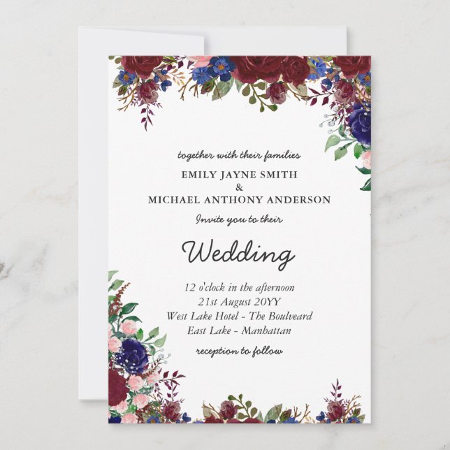 Budget Burgundy Blue Floral Wedding Einladungen (Vorderseite)