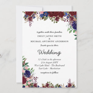 Budget Burgundy Blue Floral Wedding Einladungen