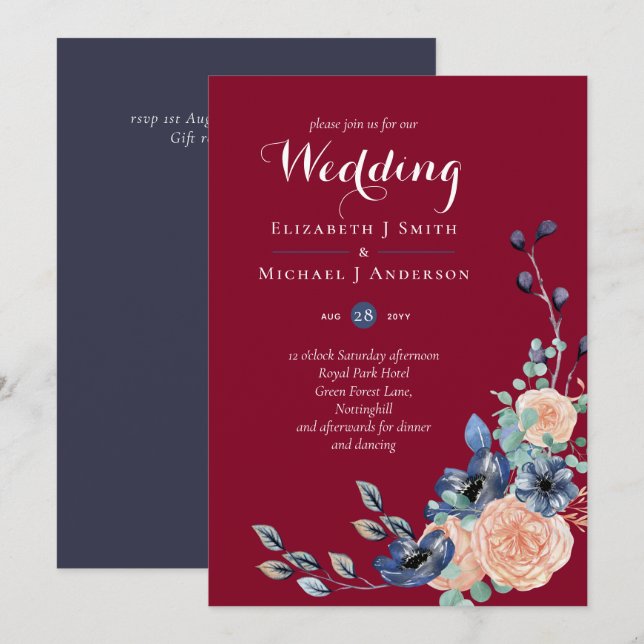 Budget Burgundy Blue Peach Floral Wedding (Vorne/Hinten)