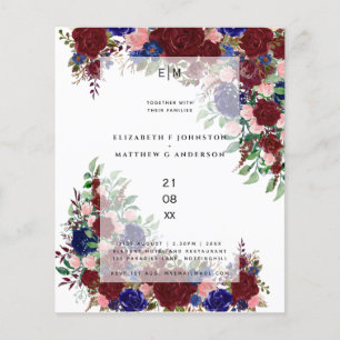 Budget Burgundy Blue Pink Floral Wedings Einladung
