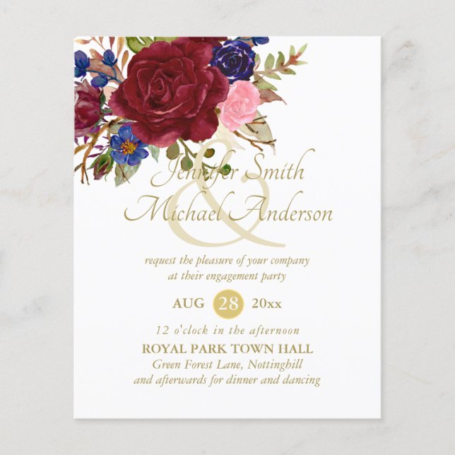 Budget Burgundy Blue Pink Rose Wedding Verlobung (Vorderseite)