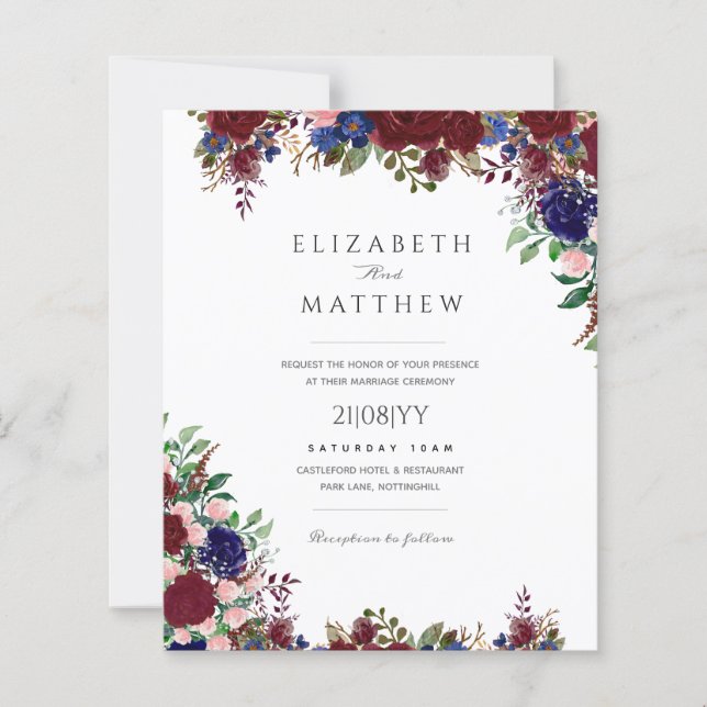 Budget Burgundy Blue Rose Floral Wedding Einladung (Vorderseite)