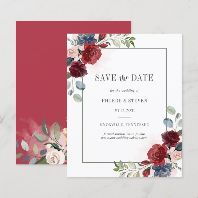 Budget Burgundy Blumengrün Save the Date (Vorne/Hinten)