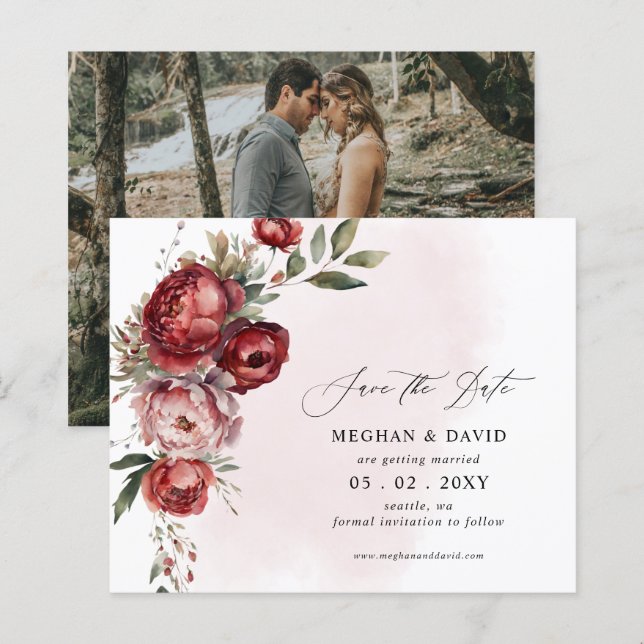 Budget Burgundy Blush Bloral Foto Save the Date (Vorne/Hinten)