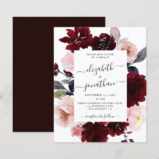 Budget Burgundy Blush Bloral Wedding Einladung (Vorne/Hinten)
