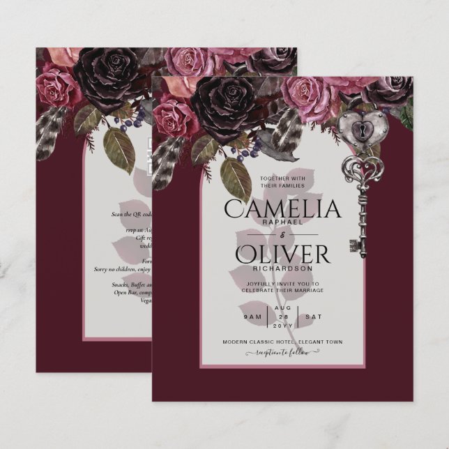 Budget Burgundy Blush Bloral Wedding Einladung SAT (Vorne/Hinten)