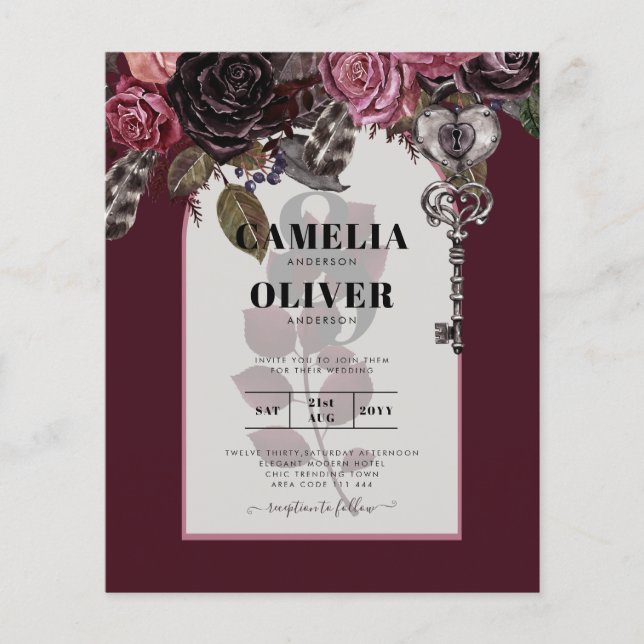 Budget Burgundy Blush Bloral Wedding Einladung SAT (Vorderseite)