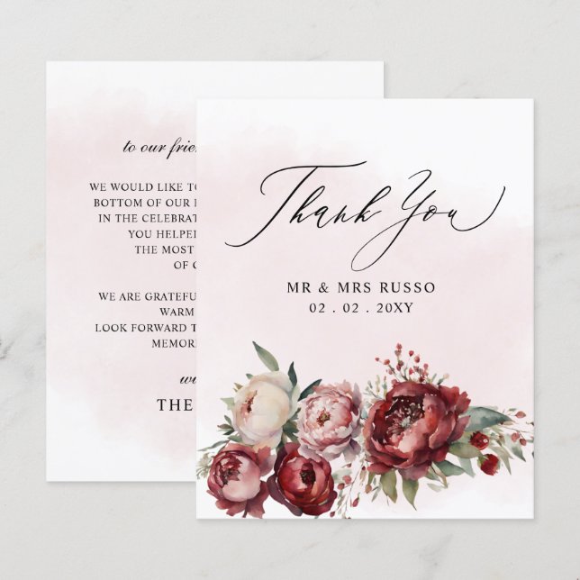 Budget Burgundy Blush Floral Danke Karte (Vorne/Hinten)