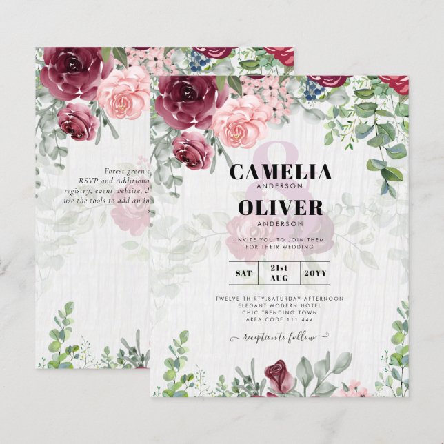 BUDGET Burgundy Blush Pink Floral Wedding INVITE (Vorne/Hinten)