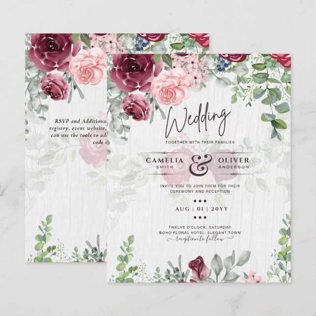 BUDGET Burgundy Blush Pink Floral Wedding INVITE (Vorne/Hinten)