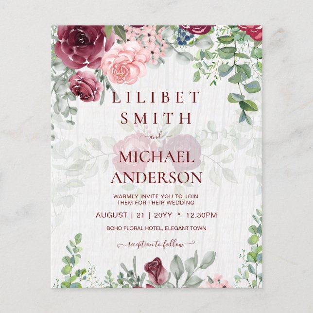 BUDGET Burgundy Blush Pink Floral Wedding INVITE Flyer (Vorne)