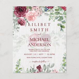 BUDGET Burgundy Blush Pink Floral Wedding INVITE Flyer
