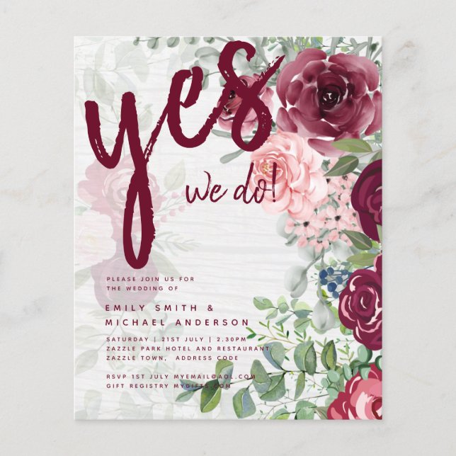 BUDGET Burgundy Blush Pink Floral Wedding INVITE Flyer (Vorne)