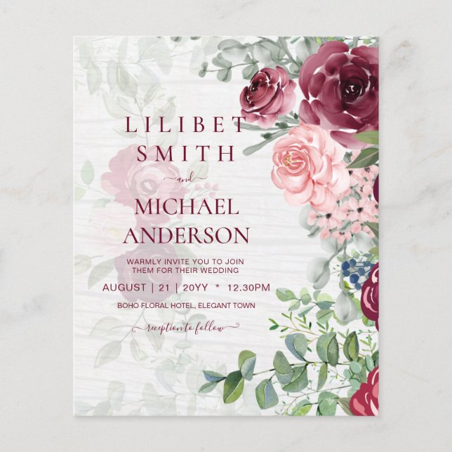 BUDGET Burgundy Blush Pink Floral Wedding INVITE Flyer (Vorne)
