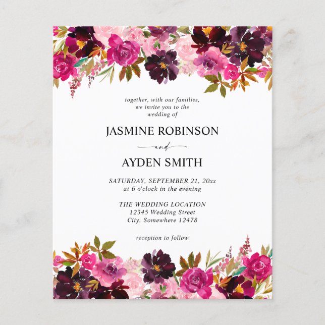 Budget Burgundy Blush Pink & Lila Floral Wedding Flyer (Vorne)