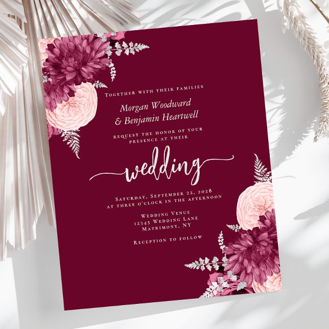 Budget Burgundy Blush Silver Floral Wedding Invite (Von Creator hochgeladen)
