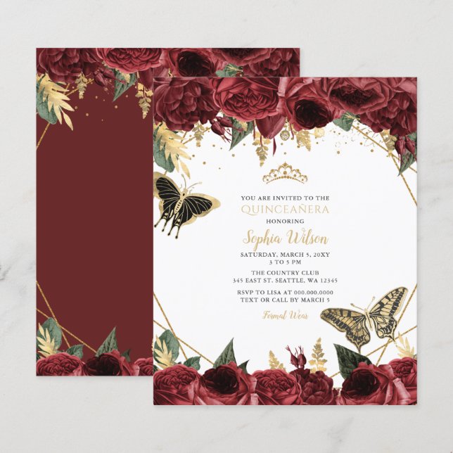 Budget Burgundy Butterfly Quinceañera Einladung (Vorne/Hinten)