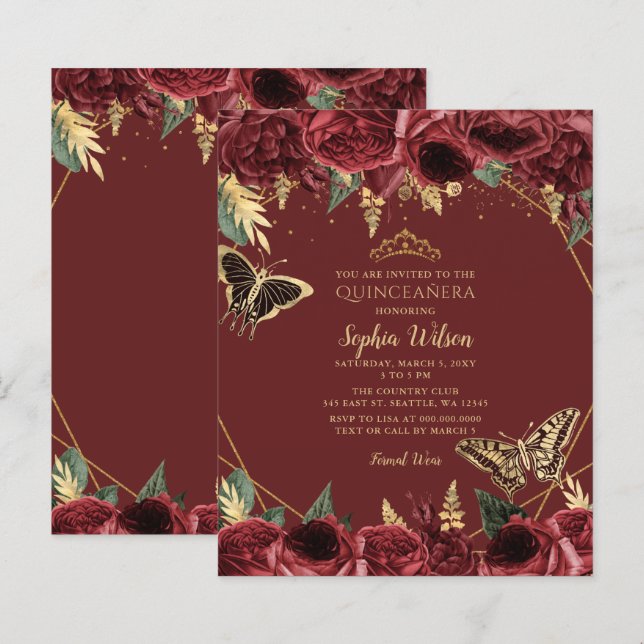 Budget Burgundy Butterfly Quinceñera Invititiation (Vorne/Hinten)