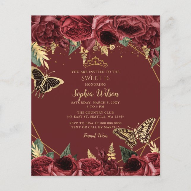 Budget Burgundy Butterfly Sweet 16 Einladung (Vorderseite)