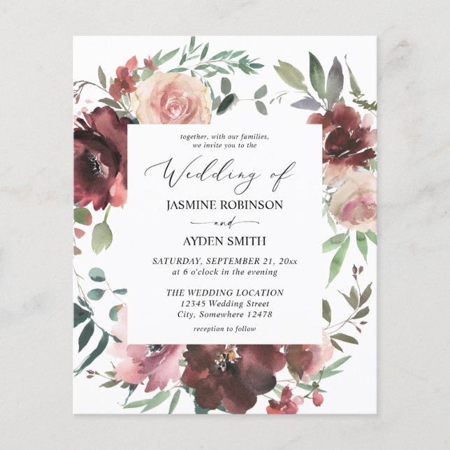 Budget Burgundy & Dusty Pink Floral 5 Hochzeit Flyer (Vorne)