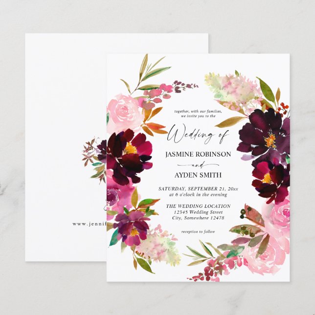 Budget Burgundy Dusty Pink Floral 5 Hochzeitspapie (Vorne/Hinten)