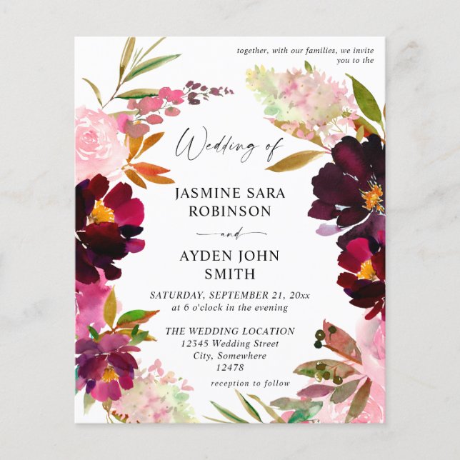 Budget Burgundy & Dusty Pink Floral 5 Wedding V2 Flyer (Vorne)