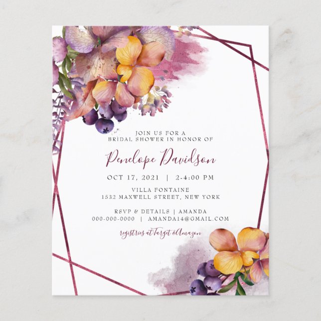 Budget Burgundy Fall Floral Brautparty Einladung (Vorderseite)