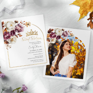 Budget Burgundy Fall Sweet 16 Foto Einladungen