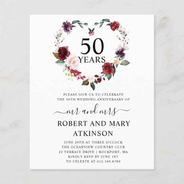 Budget Burgundy Floral 50 Jahre Einladung (Vorderseite)