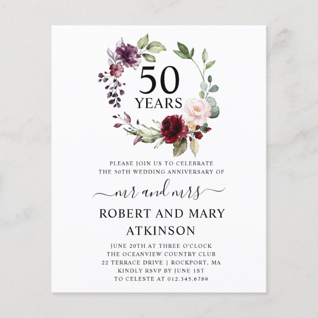 Budget Burgundy Floral 50 Jahre Einladung (Vorderseite)