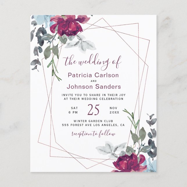 Budget Burgundy Floral Frame Wedding Einladung Flyer (Vorne)
