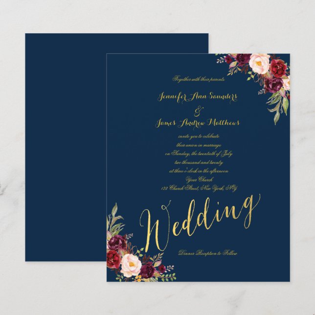 Budget Burgundy Floral Gold Blue Wedite Einladung (Vorne/Hinten)