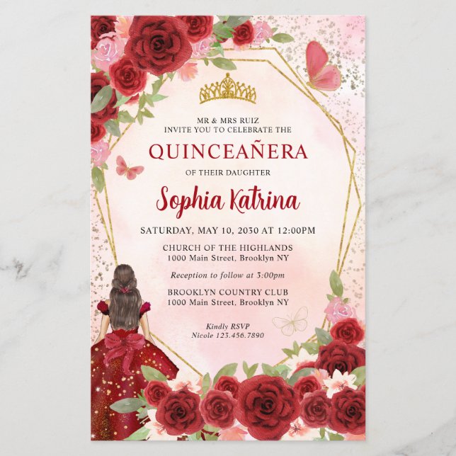 Budget Burgundy Floral Gold Prinzessin Quinceañera (Vorderseite)
