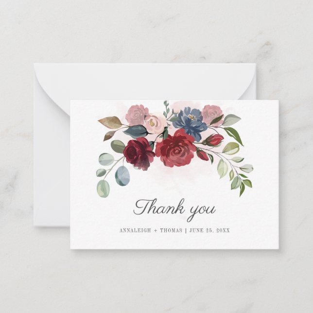 Budget Burgundy Floral Greenery Wedding Thank You Mitteilungskarte (Vorderseite)