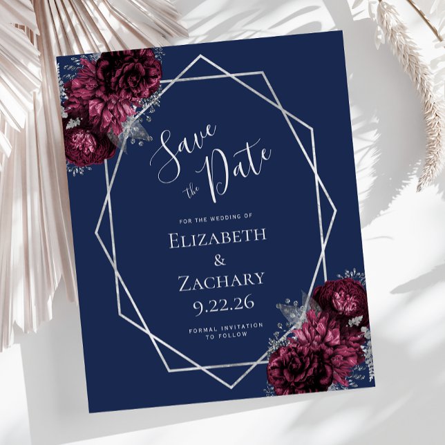 Budget Burgundy Floral Navy Silver Save the Date (Von Creator hochgeladen)