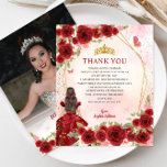 Budget Burgundy Floral Quinceañera Foto Vielen Dan<br><div class="desc">Modern Burgundy Maroon Red Gold Glitzer Sparkle Rose Butterfly Prinzessin Tiara Crown Quinceñera Geburtstags Foto Danke Karte</div>