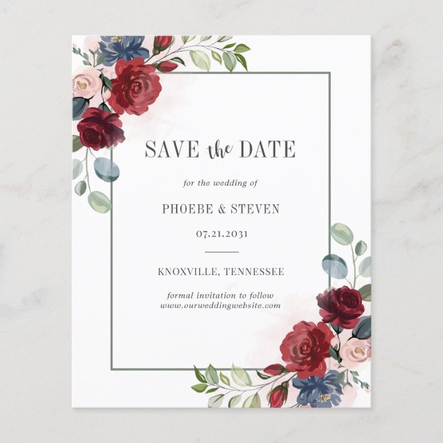 Budget Burgundy Floral Rustikal Save the Date (Vorderseite)