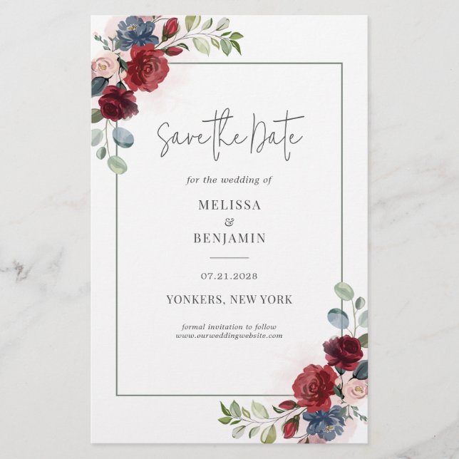 Budget Burgundy Floral Rustikal Save the Date Flyer (Vorne)