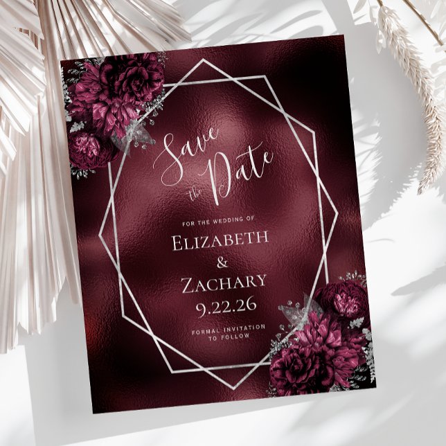 Budget Burgundy Floral Silver Geo Save the Date (Von Creator hochgeladen)