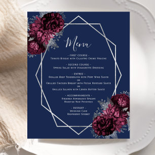 Budget Burgundy Floral Silver Navy Hochzeitsmenü