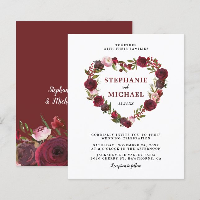 Budget Burgundy Floral Wedding Einladungen (Vorne/Hinten)