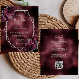 Budget Burgundy Foil Silver Floral QR Code Hochzei