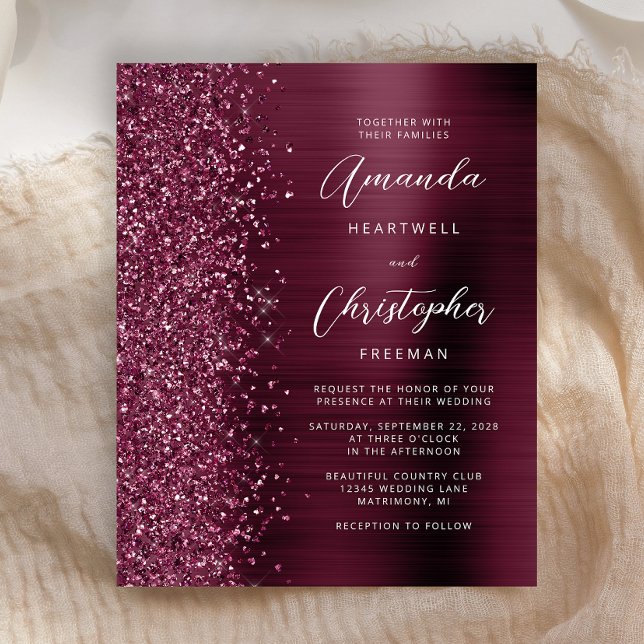 Budget Burgundy Glam Glitzer Einladung Hochzeit (Von Creator hochgeladen)