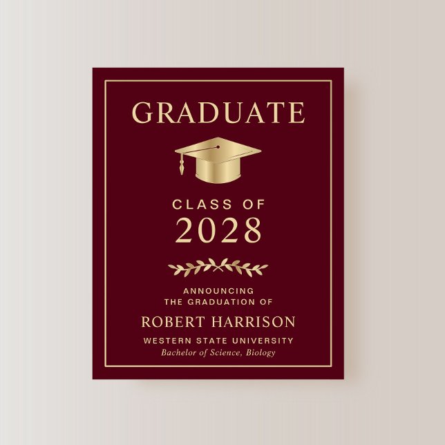 Budget Burgundy Gold Abschluss Ankündigung (An elegant college graduation announcement to celebrate the graduate's achievements)