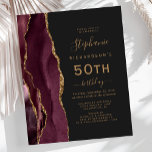 Budget Burgundy Gold Agate Dark 50. Geburtstag<br><div class="desc">Die links Kulisse dieses eleganten,  modernen 50. Geburtstagsfeiers besticht durch eine bordeauxfarbene Aquarellwand,  die mit vergoldetem Imitat-Glitzer besticht. Der anpassbare Text kombiniert goldfarbene Handschrift,  Copperplate und kursiv Schriftart auf schwarzem Schieferboden. Auf der Rückseite ist ein passendes Bordeaux- und Gold-Agate-Design.</div>